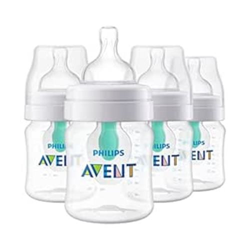 Philips Avent Anti-Colic Bottle with AirFree Vent, 4oz, with Flow 1 Nipples, 0m+, 4pk, Clear, SCY701/04