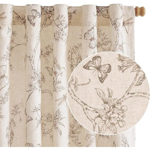 Lazzzy Charlotte Taupe Floral Curtains 84 Inch Length Linen Farmhouse Back Tab Drapes for Living Room Bedroom Light Filtering Vintage Rod Pocket Fall Decorations, 2 Panels, Taupe on Beige