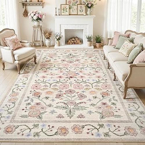 Maxsoft Large Area Rugs for Living Room Bedroom, 5x7 Washable Floral Area Rugs, Non-Slip and Stain Resistant Soft Throw Indoor Carpet for Dining Room Office Kitchen Dorm Home Decor, Pink
