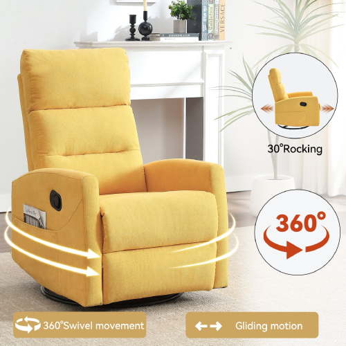 Manual Recliner Chair, 360 Swivel Rocker Chair for Adults, Glider Rocker Recliners with Adjustable Backrest and Footrest, Upholstered Deep Seat Nursery Chairs for Livingroom, Apartment, Office,Yellow