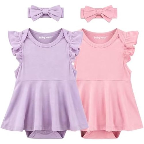 2 Pack Baby Girl Bodysuit Flutter Sleeves Dress, Cute Ruffle Romper Outfit with Headband, Newborn Infant Pajamas 0-12 Months