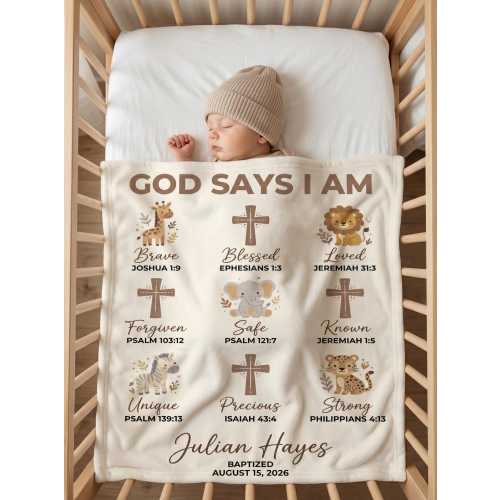 Personalized Christian Baby Blanket, Custom Baptism Gift Boy Girl, Safari Nursery Decor, God Says I Am Scripture Blanket