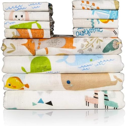 Omilion Baby Swaddle Blanket and Washcloths Set,12 Pieces Muslin Cotton Baby Swaddle Wrap and Wash Cloths Unisex for Boys and Girls, 4 Pack for 40 x 40 Inches and 8 Pack for 8 x 10 Inches