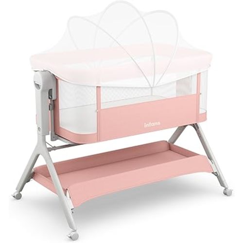 INFANS 5 in 1 Baby Bassinet, Upgraded Rocking Bedside Sleeper with Wheels, Storage Basket, Travel Bag, Mosquito Net, Height Adjustable, Portable All Mesh Crib for Newborn/Infant (Pink)
