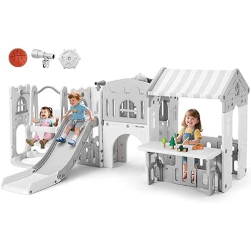 JOYLDIAS 10 in 1 Toddler Slide, Freestanding Kid Climber Slide Playset, Toddler Playhouse with Slide and Swing, Basketball Hoop, Telescope, Indoor Outdoor Backyard Playground Toy for Toddlers Age 1-3+