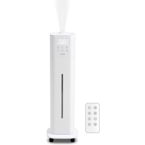 Pureal 10L Tower Humidifier, 83H Runtime, Warm & Cool Mist, Large Room, Top-Fill Tank On Wheels, Auto Mode, 12H Timer, Remote Control, Mood Light, White