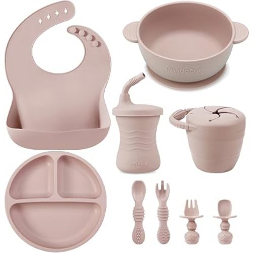 PandaEar Silicone Baby Feeding Set | 9PCS Baby Led Weaning Supplies Self Feeding Utensils | Divided Suction Plate Bowl Bibs Sippy Cup with Baby Snack Container Spoons Forks (Pink)