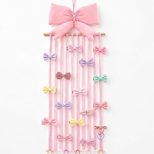 Suncalla Long Bow Holder for Girls Baby Pink Bow Hair Clip Organizer