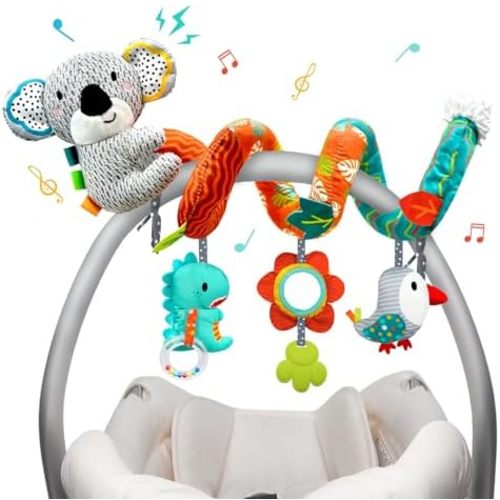 Car Seat Toys Baby Toys 0-3 Months Developmental, Stroller Toys Infant Toys 0-6 Months Newborn Toys, Carseat Toys for Infants 0-12 Months with Dinosaur, Lion Mirror, Teether