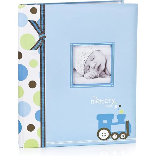 Lil' Peach Train Baby Memory Book, First 5 Years Milestone Journal, Newborn Keepsake Scrapbook, Gift For New and Expecting Moms, Blue