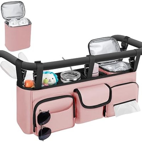 GDNasist Double Stroller Organizer Compatible with Bob Duallie and Baby Jogger City Mini GT2, Double Baby Stroller Accessories with Cooler Bag, Parent Console Double Jogging Stroller Caddy, Pink
