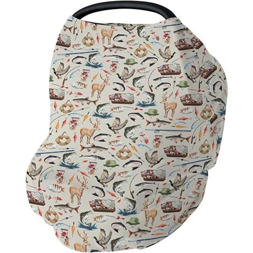 Vintage Hunting Fishing Baby Car Seats Covers Hunting Duck Deer Fishes Lake Stretchy 5-in-1 Cover Adjustable Infant Carseat Canopy Cover Wild Outdoor Adventure Breathable Nursing Cover-Up