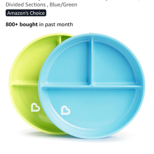 Munchkin Stay Put Suction Plates for Baby and Toddler, 3 Divided Sections , Blue/Green