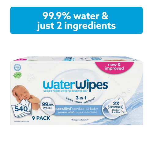 WaterWipes Sensitive Newborn & Baby Wipes, 3-In-1 Cleans, Cares, Protects, 99.9% Water, Unscented & Hypoallergenic, 9 Packs (540 Wipes)