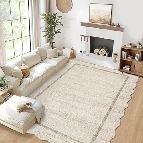 GarveeHome Scalloped Large Living Room Area Rug 8x10 - Machine Washable Modern Rugs Bordered Neutral Rug Non-Shedding Low Pile Farmhouse Carpet for Bedroom Nursery Classroom Dorm 8 ft x10 ft Beige