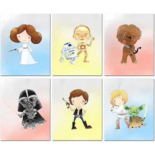 Star Wars Nursery Decor Prints - Watercolor Wall Art for Kids, Princess Leia and Luke Skywalker Poster Set, Fun Room Decorations with R2D2, Chewbacca, and Yoda - Unframed Set of 6 (8x10")