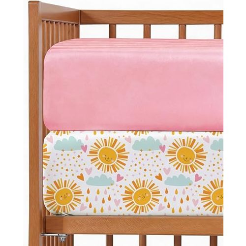 Baby Crib Sheets for Boys & Girls - Pack of 2 Fitted Microfiber Crib Sheets for Standard Crib & Toddler Mattress - Soft, Breathable & Wrinkle Free - Machine Washable, Oeko Tex - 52x28x8in - Sunny Drop