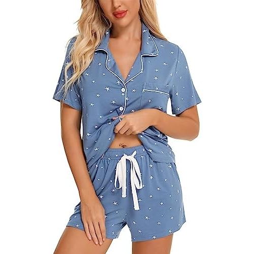 Pjmlifecoco Women's Modal Pajama Set Short Sleeve Button Down Two Piece Soft Sleepwear with Shorts Loungewear S-XXL