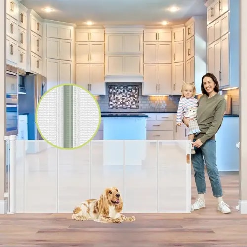 Reinforced 80 Inch Extra Wide Retractable Baby Gate with Reinforcement Strips 33” Tall Mesh Dog Gate Indoor Long Baby Gates for Decks Outdoor Retractable Pet Gates for Wide Openings Indoor, White