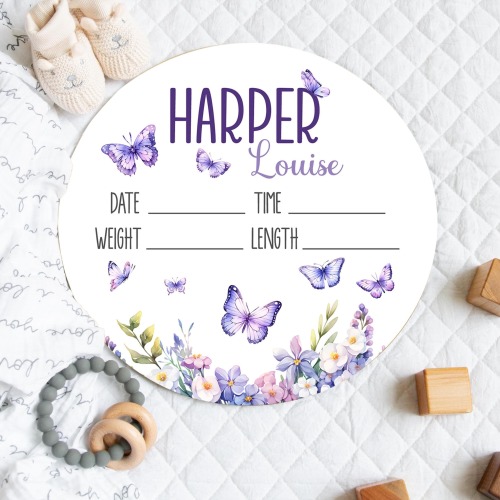 BABY GIRL BUTTERFLY Birth Stats Sign, Infant Girl Round Wood Baby Name Sign, Purple Butterfly Baby Gift Personalized Birth Announcement sign