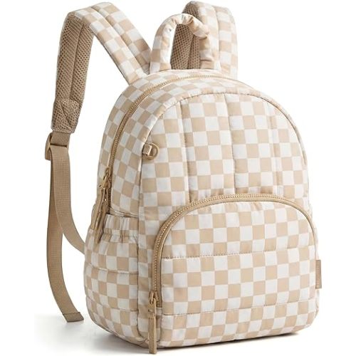 BAGSMART Mini Backpack for Women, Lightweight Puffer Small Backpack Purse, Quilted Casual Travel Daypack, Cute Water-Resistant Bookbag for Daily, Brown Checkered