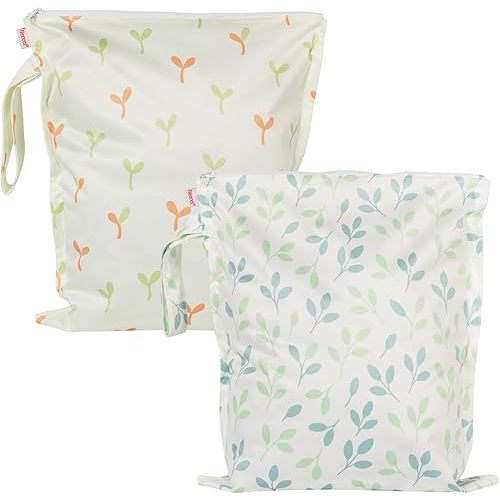 HECCEI Wet Dry Bag, 2-Pack Reusable Waterproof Wet Bagsfor Swimsuits & Baby Clothes, Leakproof Cloth Diaper Wet Bags for Travel & Diaper Changes (Little Sprouts)
