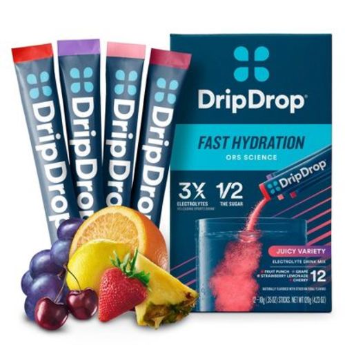 DripDrop Hydration Powder Vegan Electrolyte Supplements - Juicy Variety - Fruit Punch, Grape, Strawberry Lemonade, Cherry - 0.35oz/12ct