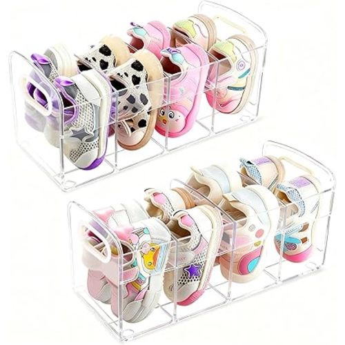 Clear Acrylic Kids Shoe Rack for Closet, Baby Shoe Organizer and Storage, 4 Sections Toddler Shoe Storage Organizer for Closet, Desk File Sorter Book Purse Organizers (2 Pcs)