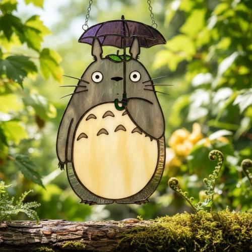 Ghibli Tot..oro Suncatcher With Umbrella, Faux Stained Glass Anime Window Art, Cute My Nei.ghbor Totoro Decor, Unique Fan Gift