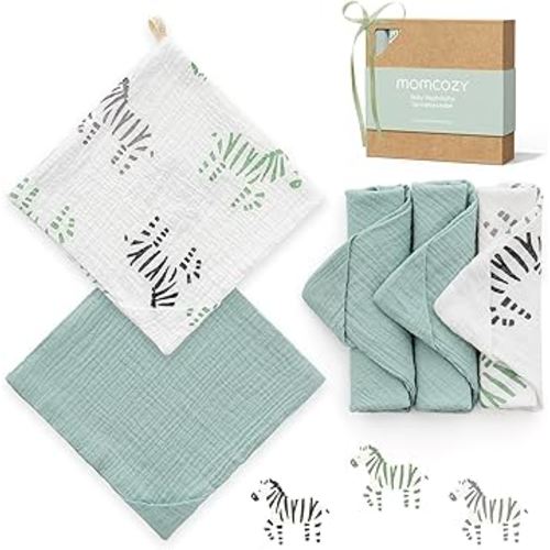 Momcozy Soft & Absorbent Baby Washcloths - 4 Layer Design| Medium Thickness| Premium Cotton for Newborns' Skin-Great for Bathing, Wiping & on-The-go Use, Shower Gift and Essential(5 Pack, 10x10 inch)