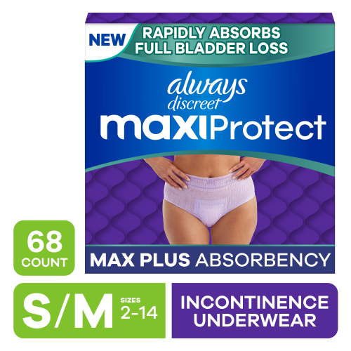 Always Discreet MaxiProtect, Adult Diapers for Women, Maximum Plus Incontinence Underwear S/M, 68 Count