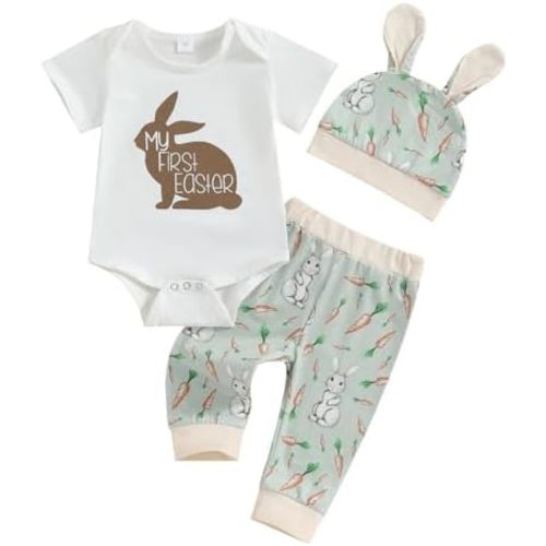 My 1st Easter Outfits Infant Baby Boy Short Sleeve Romper Bunny Onesie + Pants + Hat 3Pcs Clothes Set