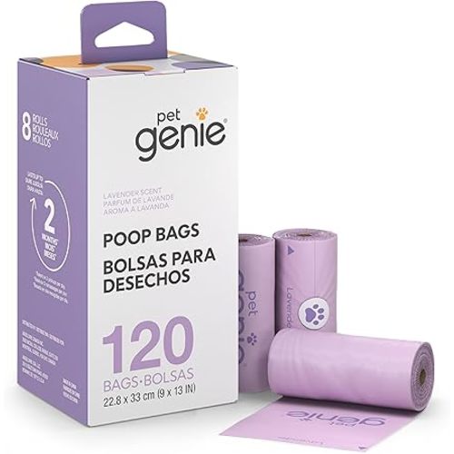 Pet Genie, Dog Poop Bags Rolls Scented, Extra Strong & Leak-Proof for Dogs, Lavender Scented, Easy Tear Pet Waste Bags, Made from 65% Recycled Plastic, 8 Rolls (120 Count)