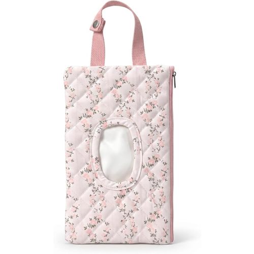 Quilted Diaper Wipe Pouch Hanging Floral Wet Wipes Bag Reusable Fabric Cover with Zipper & Lanyard for Car Daily Casual Travel Mommy Bag (C)