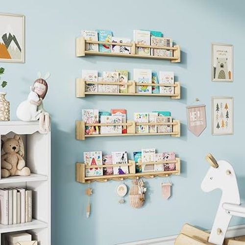 34Inch Nursery Book Shelves Wall Mounted, Floating Book Shelf for Kids Coat Rack with 6 Hooks, Wall Hanging Shelf for Baby Nursery Room Organizer ，Patent Number:US-D1058229-S(4, Burlywood)