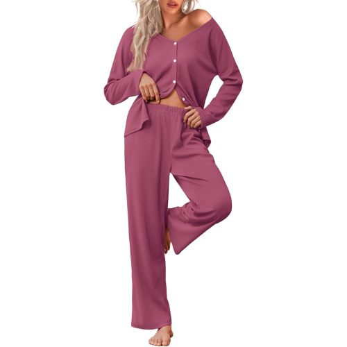 Ekouaer Womens Waffle Knit Pajamas Long Sleeve Lounge Set Button Up Pjs Loungewear with Pockets