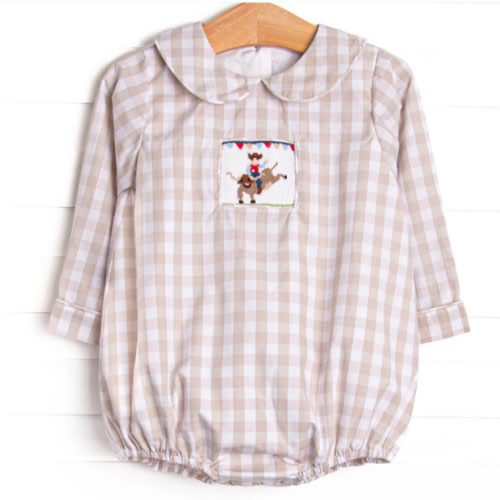 Rodeo Rider Smocked Long Sleeve Bubble, Tan – Stitchy Fish