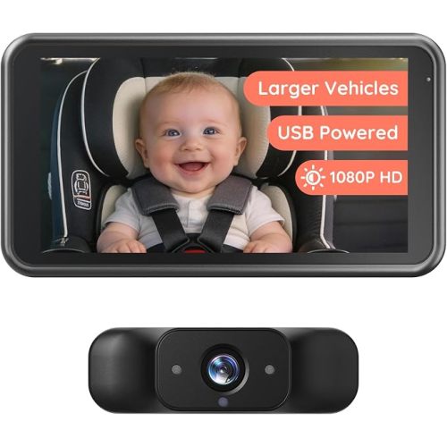 Babyvue BV6 Wireless Baby Car Camera Fast Setup, No Wiring Car Baby Monitor | HD1080P, Auto IR Night Vision, 5.2" Display, 3X Zoom, for Kids Rear Seat Safety(Black)