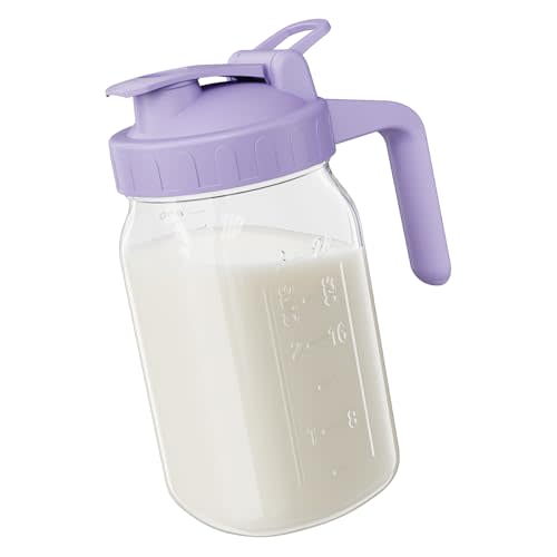 JunVpic Breast Milk Pitcher Jug - 32 oz Glass Mason Jar Airtight Pitcher with Pour Spout Handle for Breastmilk, Iced Tea, Ice Drinks Storage Container（Purple）