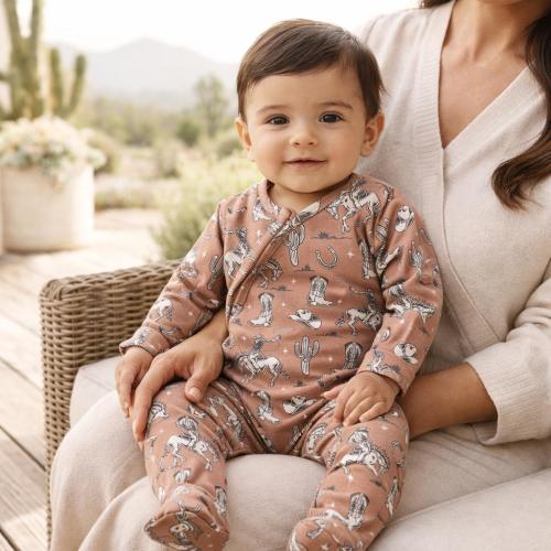 Western Baby Zipper Romper – Cowboy Bamboo Footie Pajamas, Bronco Cactus Infant Sleeper, Soft Stretch Baby Boy Outfit