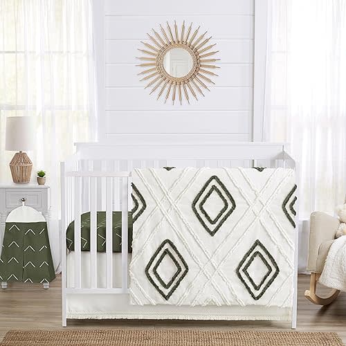 Sweet Jojo Designs 4-Piece Baby Crib Bedding Set (Boho Chic) for Boys or Girls, Infants/Nursery incl. Cotton Blanket, Fitted Sheet, Skirt, Diaper Stacker (Sage Green, Gender Neutral, Unisex Farmhouse)