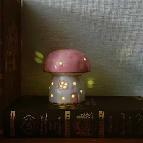 Pink Mushroom Cottage Nursery Light, Ceramic Fairy Tale Night Light, Baby Kids Bedside Lamp, Toddler Room Decor, Cute Desk Lamp, Baby Shower Gift