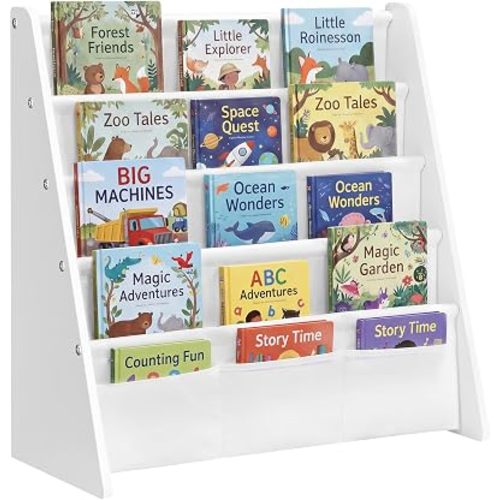 SONGMICS Kids Bookshelf, 4-Tier Sling Bookcase, Fabric Organizer for Toddlers, Child-Friendly Storage Rack for Playroom, 24.6 x 9.8 x 23.6 Inch, Cloud White and White, TEZA Collection UGKR079WB01