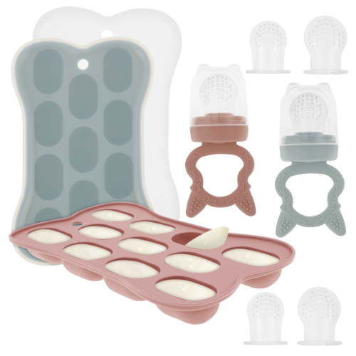 2 Pack Silicone Baby Fruit Feeder with Mini Freezer Tray, Baby Teethers, Breastmilk Popsicle Molds for Baby Teething Relief, Fresh Food Feeder for Safe Infant Self Feeding, Extra Food Pouches