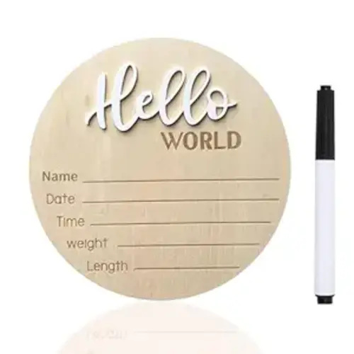 Baby Announcement Sign, ​5.9 Inch Wooden Hello World Newborn Signs, Birth Announcement Sign, Baby Shower Hospital Nursery for Newborn Boys and Girls (White,Pen)