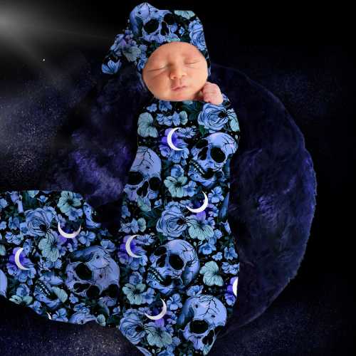 Goth Skulls and Moons Swaddle Blanket for Baby Boy, Goth Baby Swaddle, Witchy Skull Blanket + Headband Bow or Hat, Pastel Goth Newborn