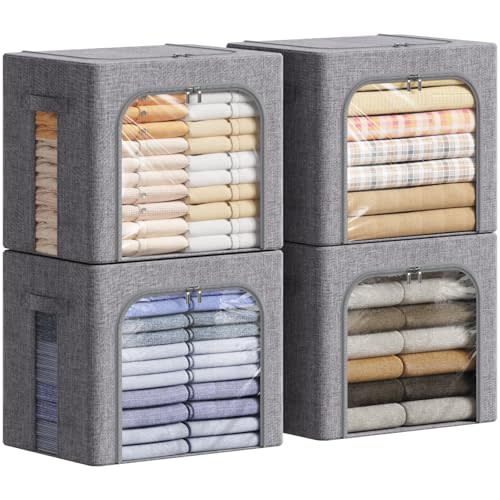 Lifewit Clothes Storage Bins with Metal Frame, Stackable Storage Box, Foldable Clothing Storage Bins with Lids, 40L Storage Bags Fabric Box Organizer with Clear Window& Zippers& Sturdy Handles 4 Pack