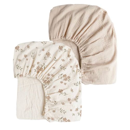 Konssy Muslin Crib Sheets for Girl Boy, 2 PCS Soft and Breathable Cotton Baby Sheets for Standard Crib Mattress, 52"x 28" (Blossom, Cream)