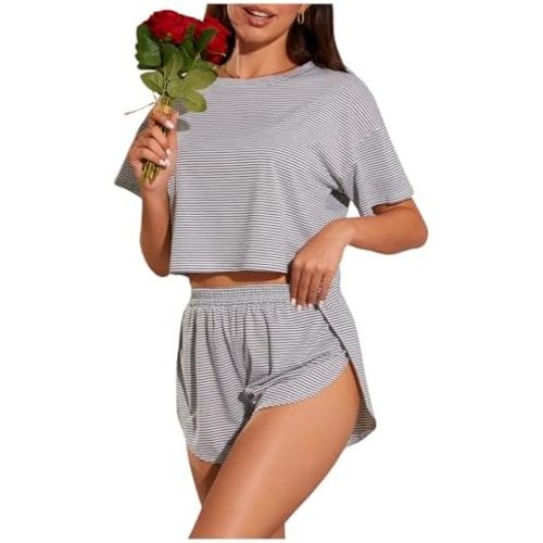 OYOANGLE Womens Pajama Sets 2 Piece Sexy Lounge Sets Summer Cute Pjs Striped Print Tee and Side Split Shorts Set