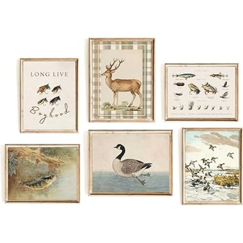 RHYQYGPX 6Pcs Vintage Nursery Wall Art Baby Boy Room Canvas Prints Fishing Hunting Kids Pictures Wall Decor Rustic Deer Fish Posters Mallard Duck Paintings for Boys Room Farmhouse Unframed